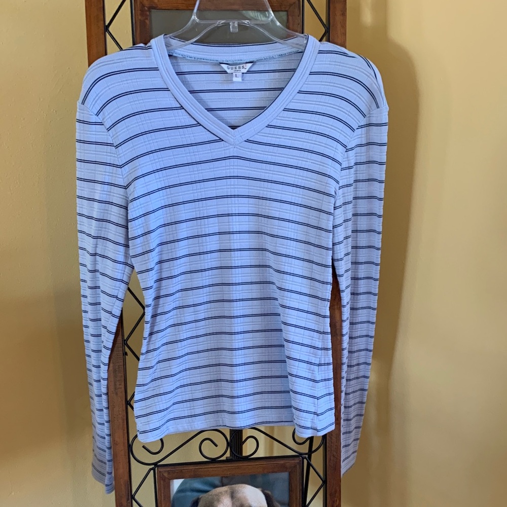 Guess Light Blue Striped Long Sleeve V-Neck Top